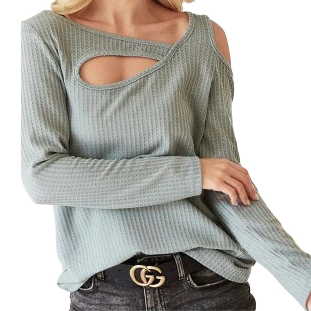 Bibi Cold Shoulder Waffle Thermal Top - Long Sleeve Sage | Small NWT